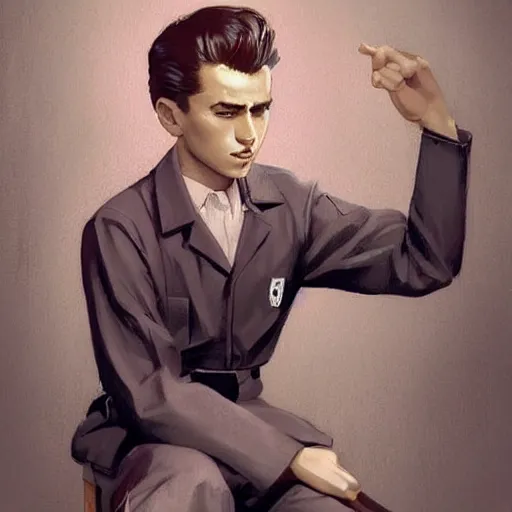 Image similar to a highly detailed epic cinematic concept art CG render digital painting artwork costume design: young James Dean as a well-kept neat perfect formal student in a 1950s USSR school uniform. By Greg Rutkowski, Ilya Kuvshinov, WLOP, Stanley Artgerm Lau, Ruan Jia and Fenghua Zhong, trending on ArtStation, made in Maya, Blender and Photoshop, octane render, excellent composition, cinematic atmosphere, dynamic dramatic cinematic lighting, cinematic colors, aesthetic, very inspirational, arthouse