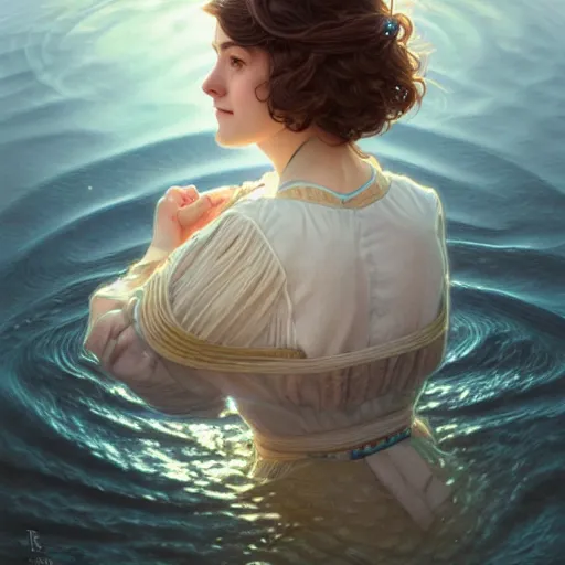 Prompt: full body portrait of a woman with short wavy hair, round face, cottagecore!!, lake water, intricate, enlightenment, highly detailed, digital painting, artstation, concept art, smooth, sharp focus, illustration, art by artgerm and greg rutkowski and alphonse mucha
