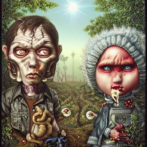 Image similar to post-apocalyptic survivors, painting by Mark Ryden and Alex Gross, Todd Schorr highly detailed