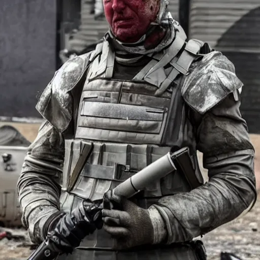 Prompt: Weeping modern mercenary wearing grey body armor smoking a cigarette in the aftermath of a bloody battle, photo by Adam Ferguson in 2022, Pulitzer Winning, cinematic composition, breathtaking, modern, 2022