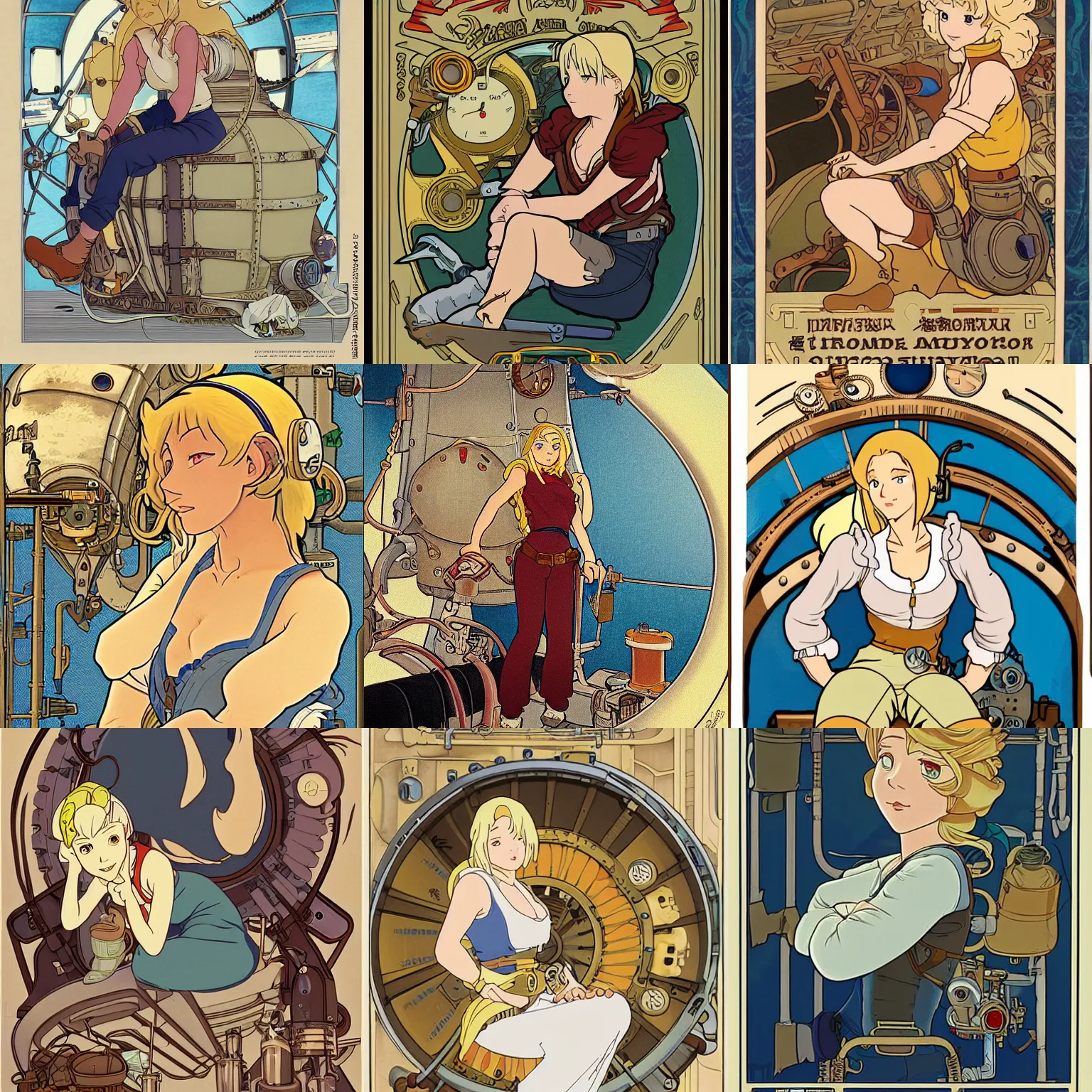 Prompt: Character portrait of a tank top-clad blonde female airship mechanic resting in her cramped bunk by Hayao Miyazaki and Disney Animation, steampunk, beautiful face, animation cel, shading by Alphonse Mucha