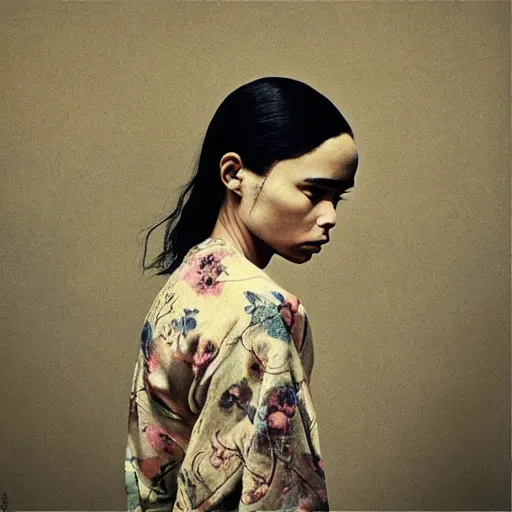 Prompt: “ zoe kravitz portrait by ikenaga yasunari and ayana otake and ko rakusui, drawing, realistic, sharp focus, japanese, dreamy, nostalgia, faded, golden hues, floral clothes ”