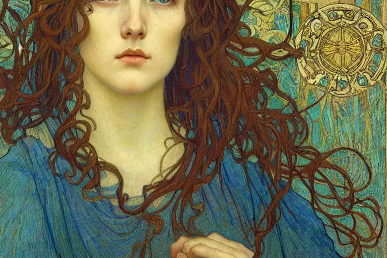 Image similar to detailed realistic beautiful young medieval queen face portrait by jean delville, alphonse mucha, vincent van gogh, and marco mazzoni, art nouveau, symbolist, visionary, gothic, pre - raphaelite