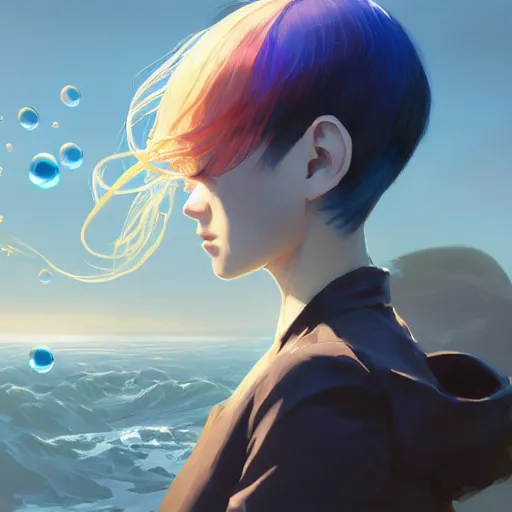 Image similar to ilya kuvshinov with long sky blue hair, gold eyes, boyish face, professional digital painting, concept art, ultra sharp, 8 k, cinematic, wlop, bubbles, tendrils in the background, art by greg rutkowski, pixiv art, art nouveau, yoshitaka amano