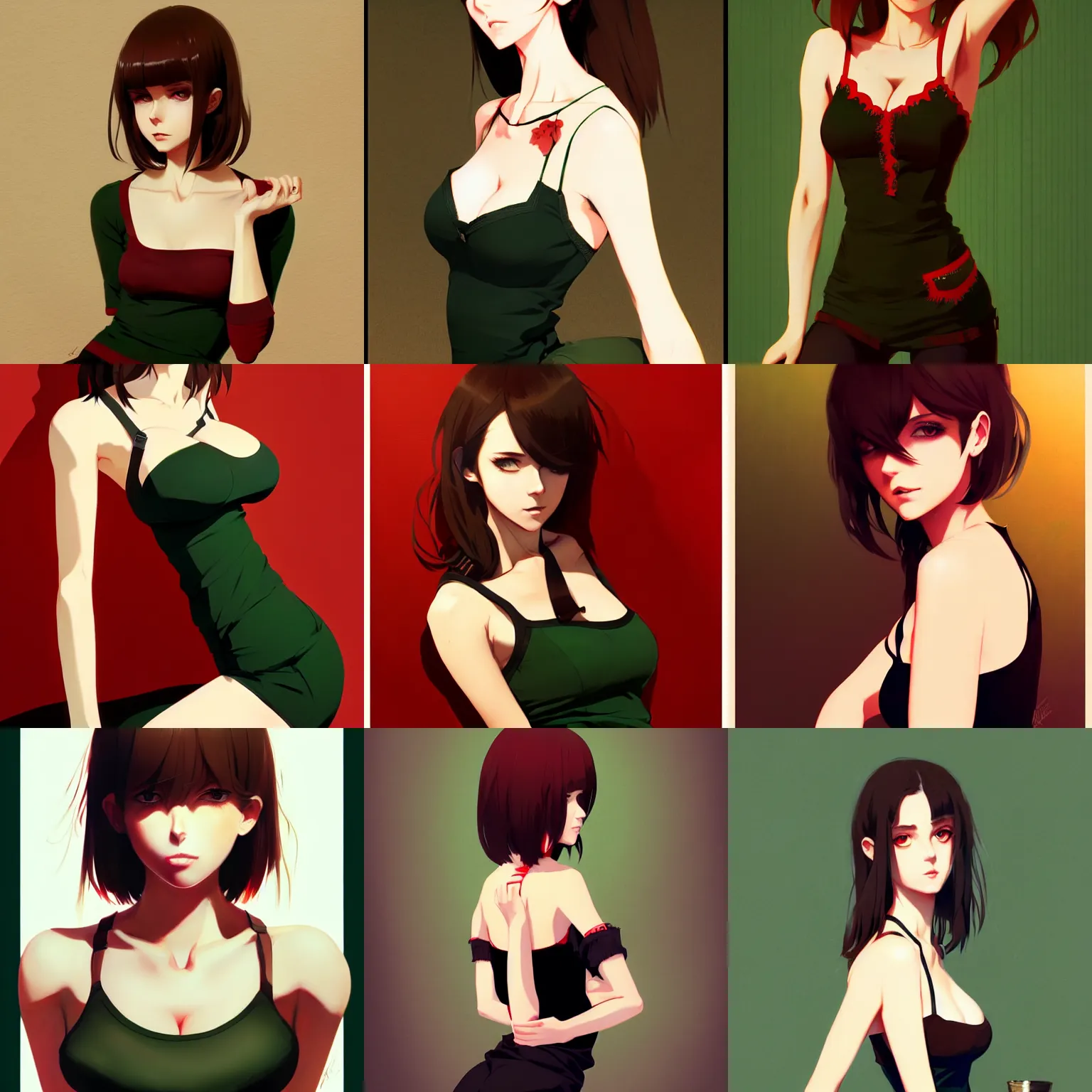 Prompt: gorgeous woman with brown hair and green eyes, wearing a camisole, full body portrait, red and black color palette, in the style of and ilya kuvshinov and greg rutkowski, high quality anime artstyle, intricate