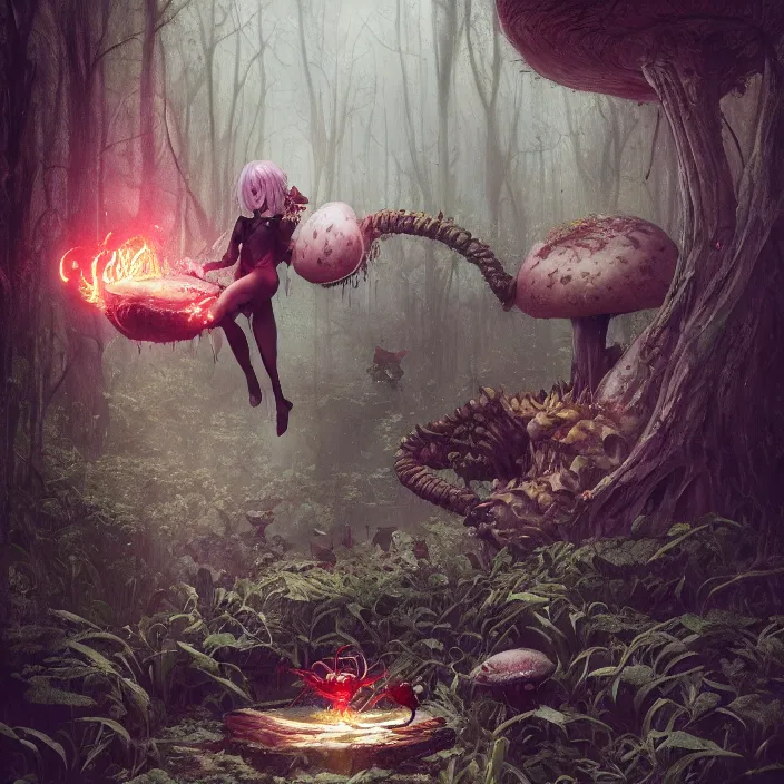 Image similar to Carnivore godlike scary fairy eating a frog alive , giant mushrooms , psychedel tint , Junji Ito and Greg rutkowski , masterpiece , trending on artstation