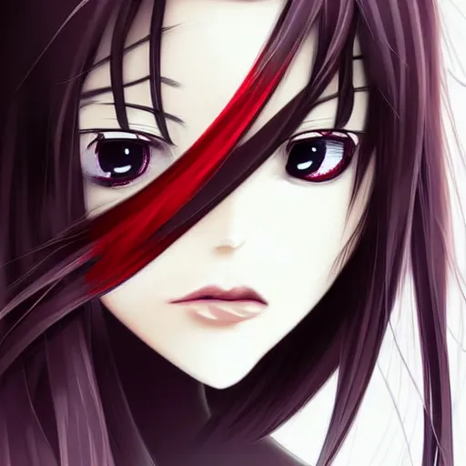 Image similar to professional anime digital art of a beatiful girl with long black hair; red eyes; face portrait; beautiful, appealing face, trending art