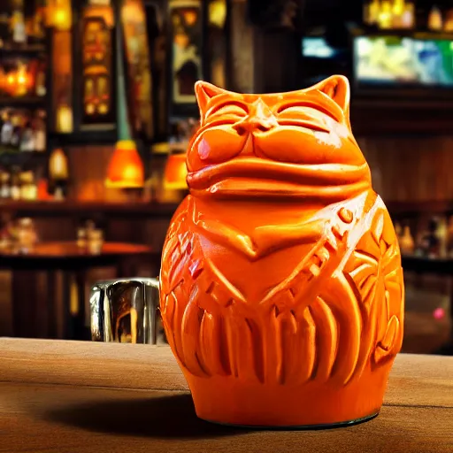 Prompt: a closeup photorealistic photograph of an orange cat garfield style tiki mug sitting at a trader vic's bar with garfield's face on the front. tiki party. bright scene. fine detail. this 4 k hd image is trending on artstation, featured on behance, well - rendered, extra crisp, features intricate detail, epic composition and the style of unreal engine.