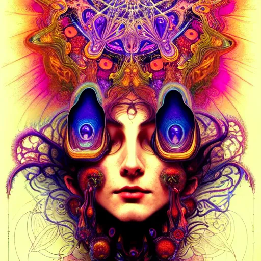 Image similar to An extremely psychedelic experience of the third eye opening, colorful, surreal, dramatic lighting, magic mushrooms, psilocybin, LSD, face, detailed, intricate, elegant, highly detailed, digital painting, artstation, concept art, smooth, sharp focus, illustration, art by Krenz Cushart and Artem Demura and alphonse mucha