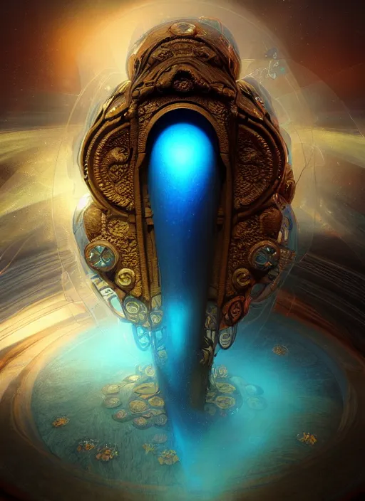 Image similar to flowers within the whole infinite capsule apparent with awe the apparition, an idea seep's into infinity highly detailed in volumetric latent space, golden turquoise steampunk, high contrast cinematic light, mystical shadows, sharp focus, divine realm of gods, octane render, artist by boris vallejo,