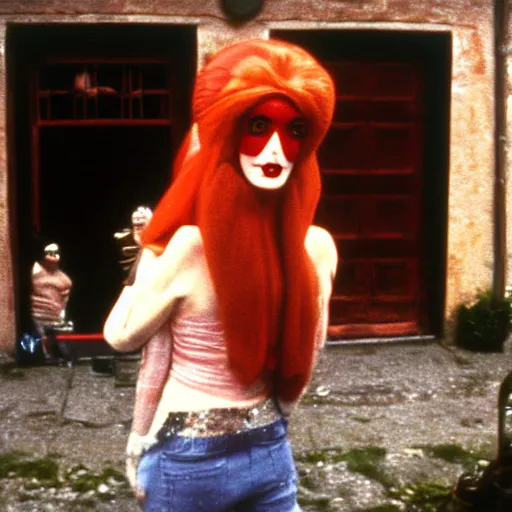 Prompt: 1976 glamorous middle aged woman wearing a transluscent inflatable toy head in a small European village 1976 French film archival footage technicolor film expired film 16mm Fellini Doris Wishman new wave John Waters movie still