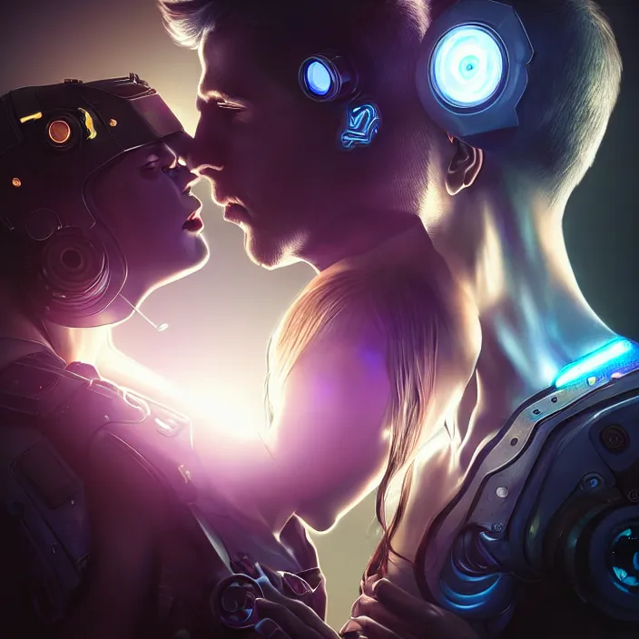 Image similar to ultra realistic medium shot of couple cyborgs male and female kiss, lovers, cyberpunk, sci - fi, fantasy, kodak, colour led, soft light, volumetric lighting, night, intricate, istock, highly detailed, digital painting, concept art, smooth, sharp focus, illustration, art by artgerm and greg rutkowski and alphonse mucha