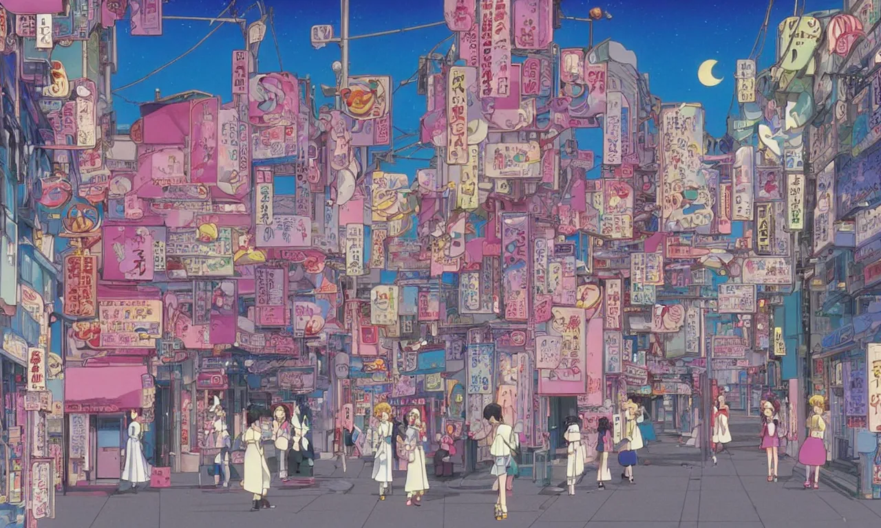 Image similar to A film still from a 1990s Sailor Moon cartoon of a dreamy cute stree in Japan, by Studio Ghibili