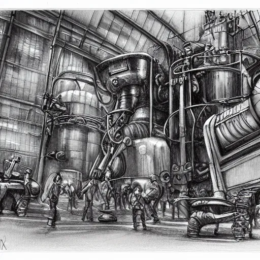 Image similar to detailed pencil sketchs of workers working on a gigantic steampunk machine that creates robot elephants, art station