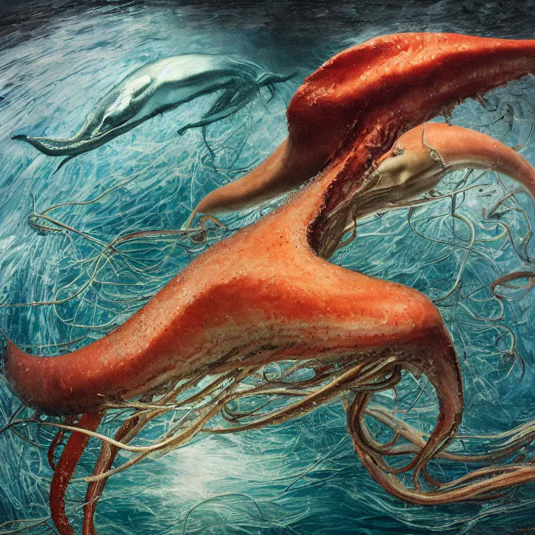 Prompt: Hyperrealistic intensely colored Studio wet collodion Photograph portrait of a deep sea Giant Squid battling Physeter Macrocephalus Whale deep underwater in darkness long exposure, award-winning nature deep sea expressionistic impasto heavy brushstrokes oil painting by Jenny Saville and Norman Rockwell and Audubon vivid colors hyperrealism 8k