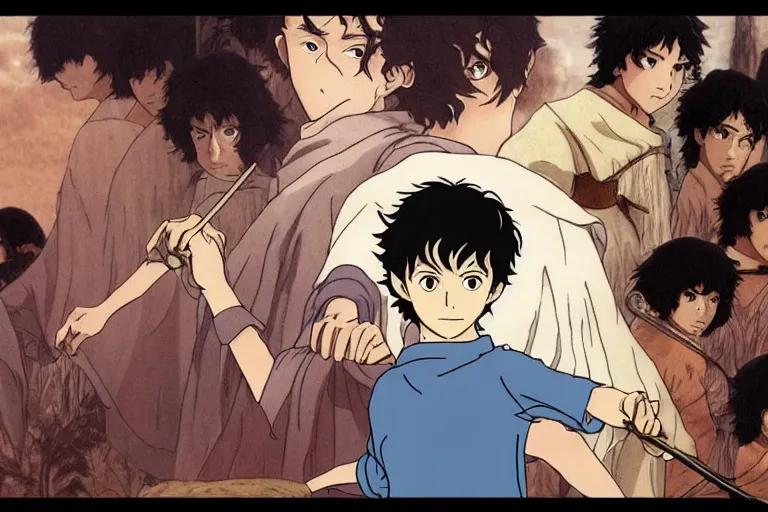 Prompt: frodo in the anime lord of the rings by studio ghibli, movie still frame, very detailed, artwork by hayao miyazaki, kentaro miura, satoshi kon, high quality, 4 k