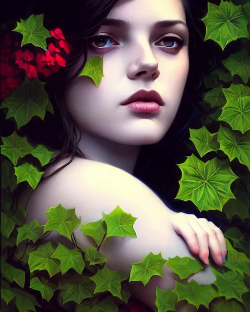 Image similar to stylized dark gloomy mysterious portrait of an artistic pose, composition, young lady sorrounded by nature, cinematic moody colors, ivy, flowers, one single head, realistic shaded, fine details, realistic shaded lighting poster by ilya kuvshinov, magali villeneuve, artgerm, jeremy lipkin and michael garmash and rob rey