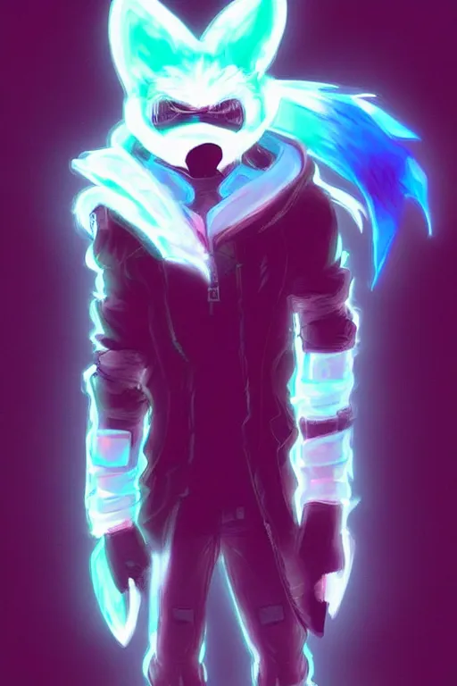 Image similar to a cyberpunk anthropomorphic wolf with a fluffy tail, comic art, trending on furaffinity, cartoon, kawaii, backlighting, furry art!!!, neon, concept art