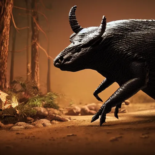 Image similar to black scorpion, hunting a wild boar, dark forest, night scene, highly detailed, intricate, dramatic lighting, octane render, photorealistic, hd, scary