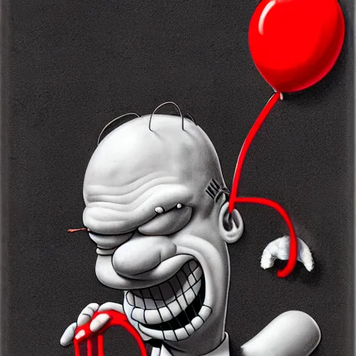 Image similar to surrealism grunge cartoon portrait sketch of homer simpson with a wide smile and a red balloon by - michael karcz, loony toons style, freddy krueger style, horror theme, detailed, elegant, intricate