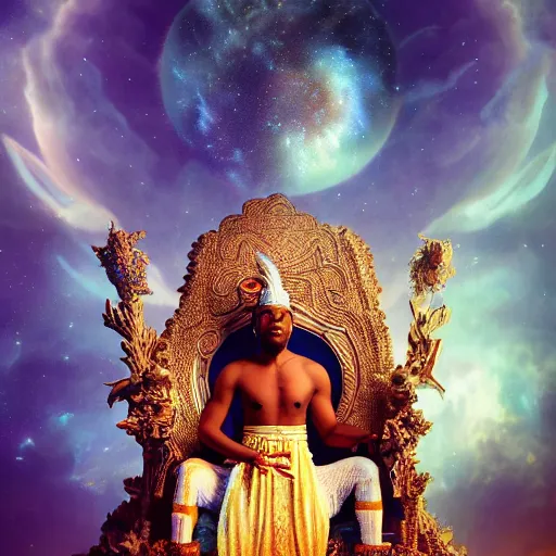 Image similar to obatala the cosmic god sitting on a throne of nebula clouds, by justin bua, matte painting, orisha, 8k, hd, volumetric lighting