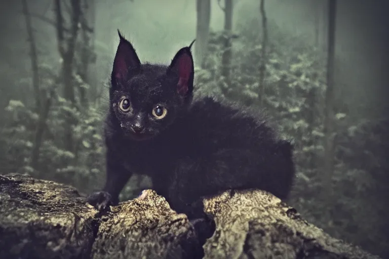 Image similar to a close shot of an ominous bat kitten being standing in a forest, detailed, mythical, mist, depressing, tired, dark, lush, nature, mist, mystery, glows, somber, dismal, fog, heavy fog, dark lighting, rim light, glow, ambient light,