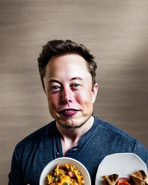 Prompt: a portrait of elon musk sitting at the dining table with a plate containing samosa in front of him, highly detailed, trending on artstation, bokeh, 9 0 mm, f / 1. 4
