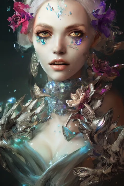 Image similar to face closeup of beautiful girl necromancer, witch - doctor covered with crystals exploding into ice, 3 d render, hyper realistic detailed portrait, holding magic flowers, ruan jia, wlop. scifi, fantasy, hyper detailed, octane render, concept art, peter mohrbacher
