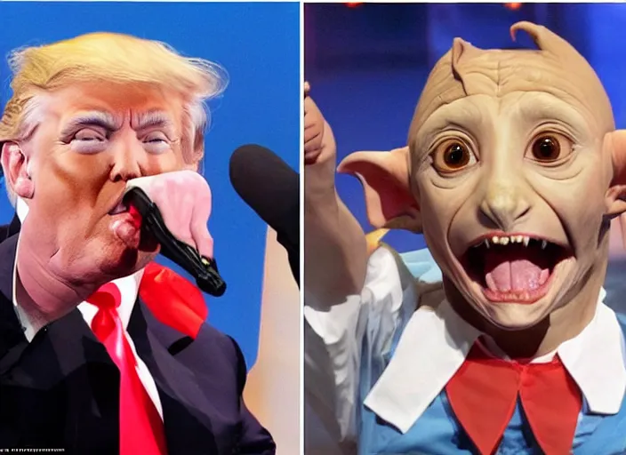 Image similar to dobby donald trump cult initiation ritual on stage stage of the elen degeneres show, detailed facial expression