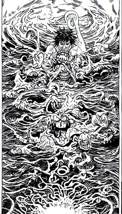 Prompt: man on boat crossing a body of water in hell with creatures in the water, sea of souls, by eiichiro oda