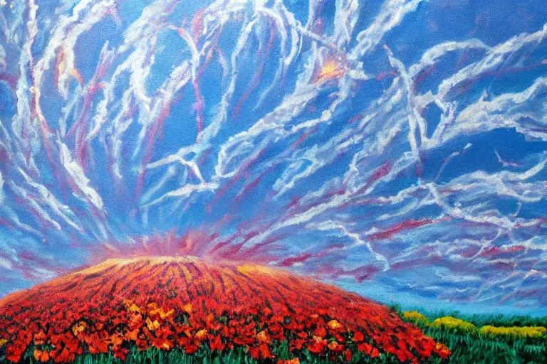 Image similar to oil painting of giant explosion made with flowers, clean blue sky, in style of 80s sci-fi book art