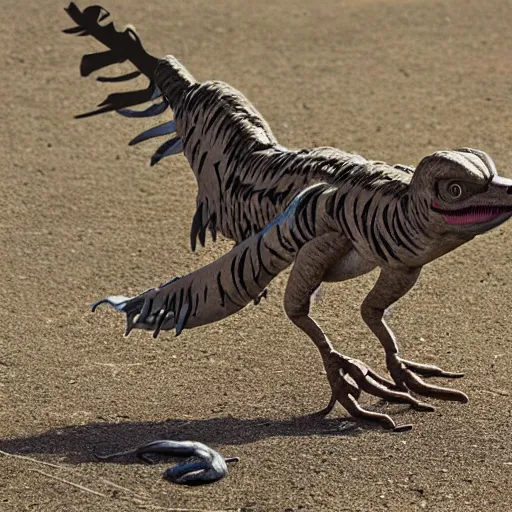 Image similar to a photograph of a velociraptor with feathers