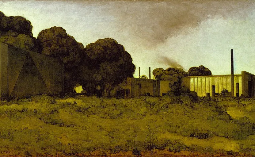 Prompt: geometric painting of industrial buildings surrounded by undergrowth by gustave courbet