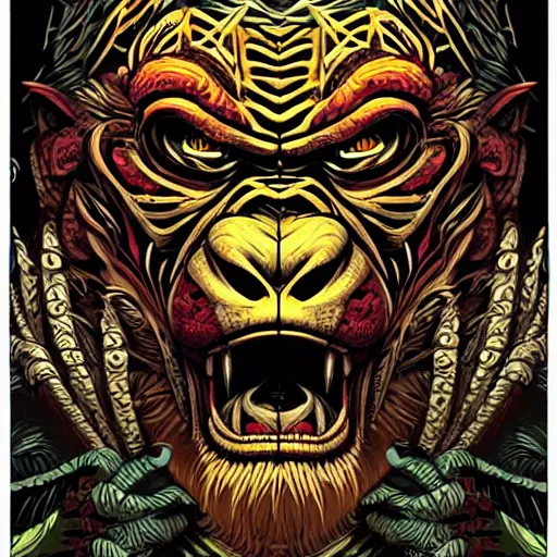 Image similar to barong family member, wiwek, mara demon, one single tribe member, jungle, one single mask, dark, ancient warrior, maniacally laughing grumpy gorilla, lizard, tribal, inner glow, art by dan mumford and justin gerard