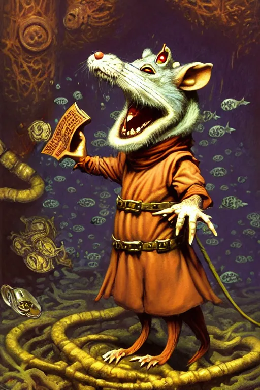 Prompt: classic oil painting, an anthropomorphic bipedal rat that is dressed as a medieval librarian, as a dnd character, standing under the sea, art by paul bonner, and greg hildebrandt, and simon bisley, cottagecore, highly detailed, digital illustration, concept art, smooth, sharp focus