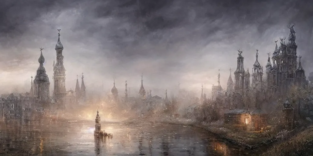 Prompt: beautiful magical ancient Slavic city of Kitezh in mist, magic lights, magic mist, strange buildings, oil painting, painting by Luis Royo , concept art, fantasy cityscape, ancient Russian architecture, painting by Ivan Shishkin, hyperborea, high resolution, trending on artstation, hyperrealism