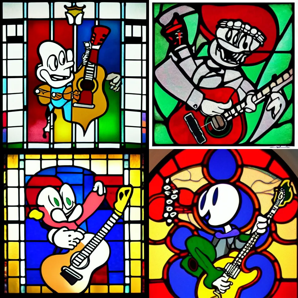 Prompt: “stained glass of Cuphead trying to play a guitar solo”