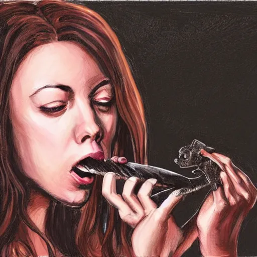 Image similar to young witch aubrey plaza eating a bat, art by sam yang