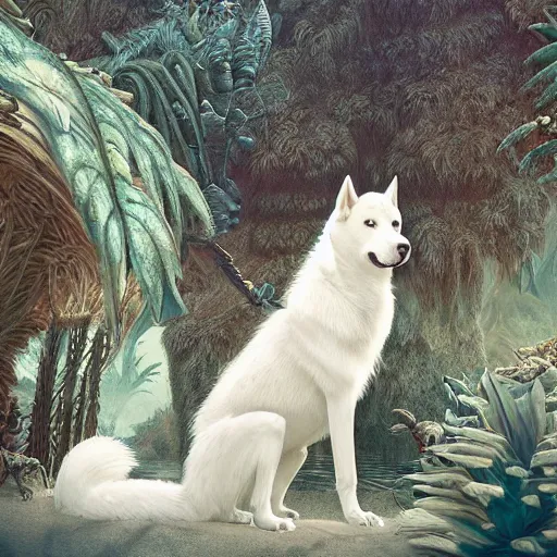 Prompt: white alaskan husky creature in a desert lush oasis, warm tones : by guillermo del toro, daniel merriam, victo ngai and michal karcz : ornate, dynamic, particulate, intricate, elegant, highly detailed, centered, artstation, smooth, sharp focus, octane render