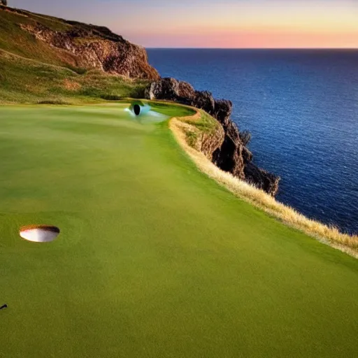 Image similar to a great photo from ground level of the most amazing golf hole in the world, cliffs by the sea, perfect green fairway, ambient light, golden hour