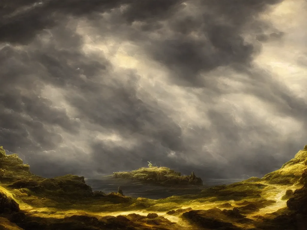 Prompt: detailed landscape, high cliff, very detailed dark super storm, hyper realistic clouds, impressive, magical, very atmospheric, smoke boiling, cinematic, deep, very high complexity, stunning, masterpiece, chiaroscuro, in the style of caspar david friedrich, very detailed. 4 k