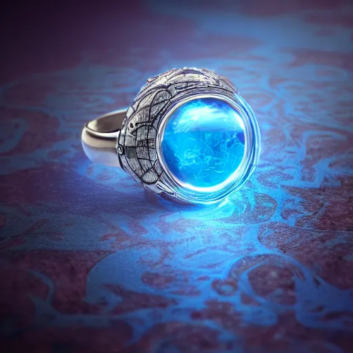 Image similar to a fantasy ring, blue glow, realistic reflections, intricate details, cinematic lighting, depth of field, octane render