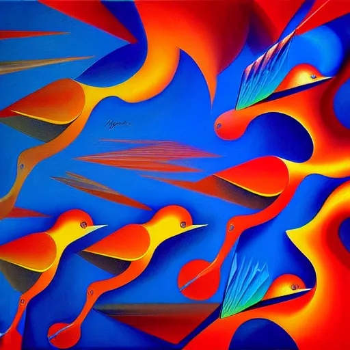 Image similar to a painting of a group of blue and orange birds, an airbrush painting by jarosław jasnikowski, cgsociety, generative art, angular, cubism, biomorphic