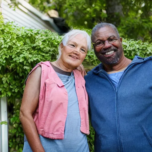 Prompt: a man and a woman around 3 0 years are standing in the backyard of a downtown home. natural faces, realistic colors, detailed photo 8 k