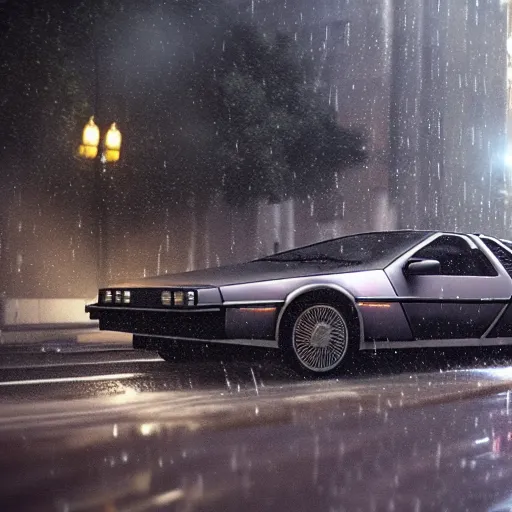 Image similar to hyperdetailed, photorealistic photograph of a dmc 1 2 delorean driving in the streets, rain, night, dense fog, hd, unreal engine 5