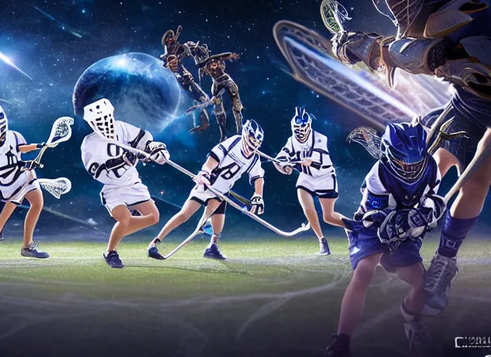 Image similar to photo of the lacrosse team, playing intergalactic championship, in space, versus chitauri, highly detailed, 8k, intricate, sony a7r iv 55mm, award winning.