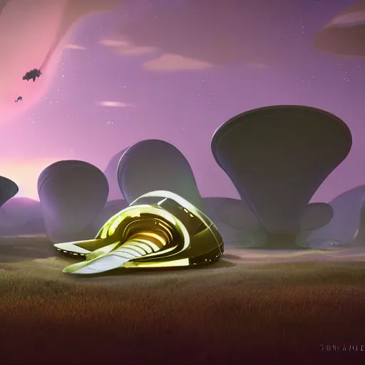 Image similar to a fancy alien spaceship on a dusky biome by pixar, humongous view, rtx, smooth, cinematic