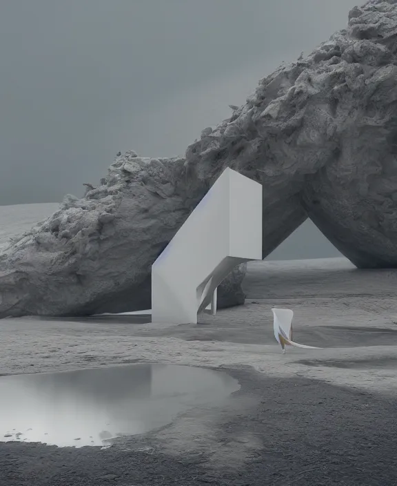 Prompt: surreal exploration, futuristic white architecture in the beach in iceland, foggy, highly detailed, digital painting, arstation, concept art, hyperealistic octane render, unreal engine,