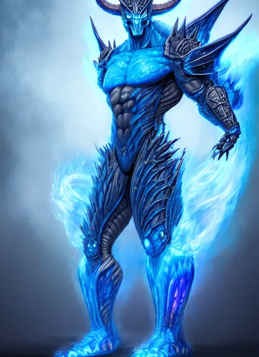 Image similar to muscular and tall blue ghostly fire humanoid dragon!!!! draconian!! intricate ornate iridescent heavy armor!! character concept art, sharp focus, octane render! unreal engine 5! highly rendered!! trending on artstation!! detailed linework!! illustration by artgerm, wlop, and chie yoshii