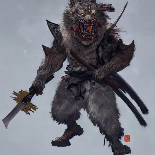 Prompt: masterpiece painting of a Kimono wearing Japanese Armored Werewolf, angry wolf face, with a large Katana, light grey fur, featured in artstation, concept art by Greg Rutkowski, WLOP, Dan Mumford, Christophe Vacher